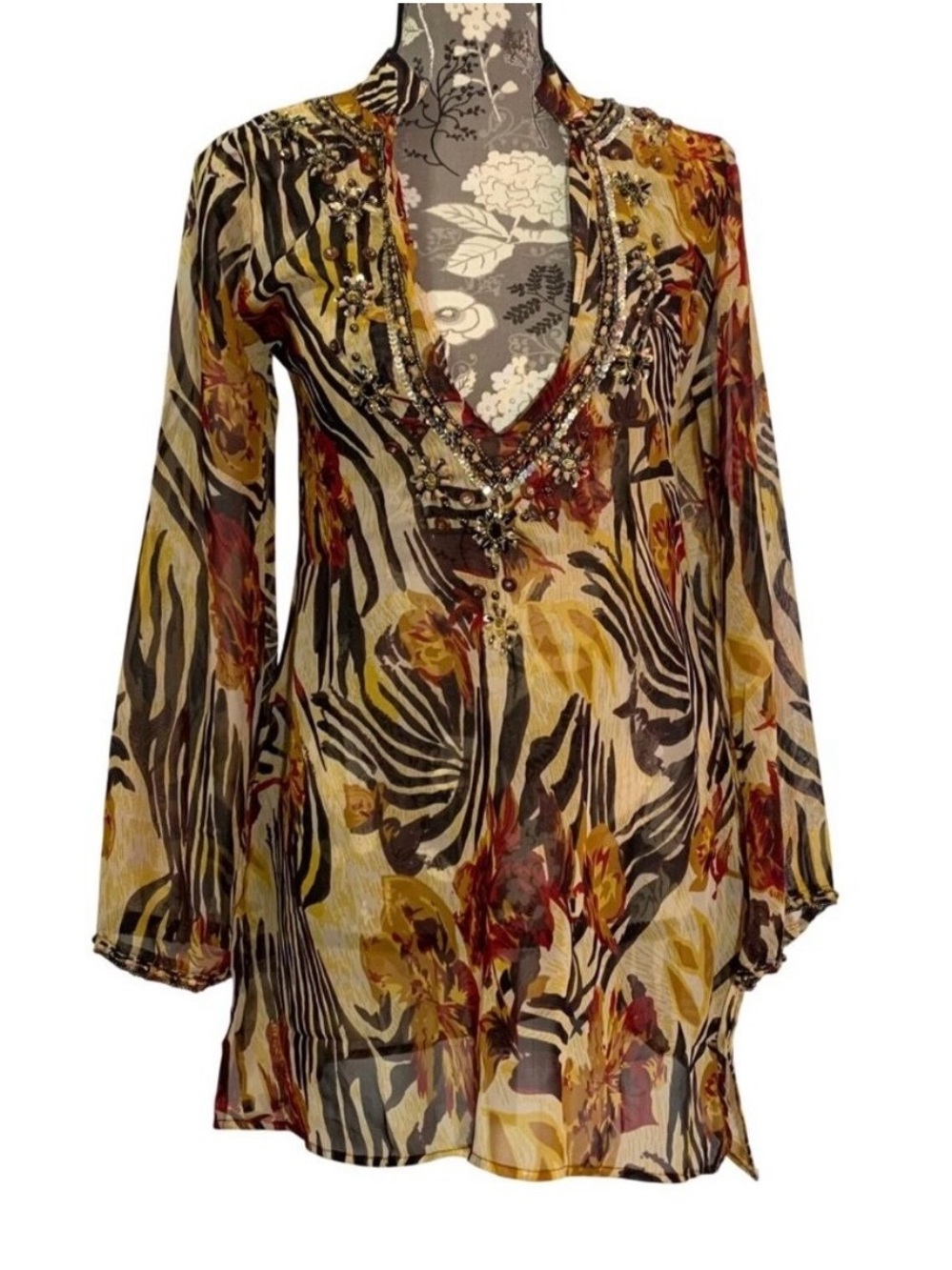 Ocean Breeze Beaded Sheer Swim Cover Up Tunic Boho Top Medium